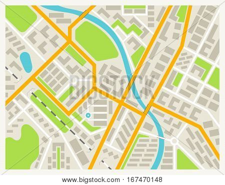 City map colored illustration for navigation program or mobile app. City layout map vector illustration