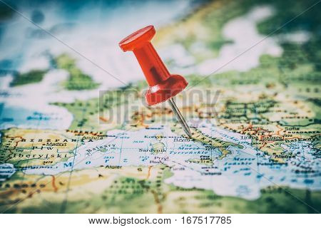 travel pinning pin trip map destination push cartography new photo find choose mark plan sign symbol final blurred foreign conceptual best pinpoint horizontal concept - stock image