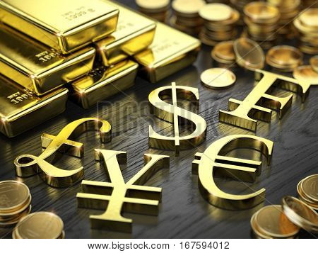 Finance, Stock exchange concept - Gold bars, coins and gold currency signs. 3d illustration