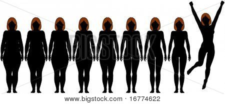 Woman frontal silhouettes of before and after fat to fit Diet Weight Loss Success