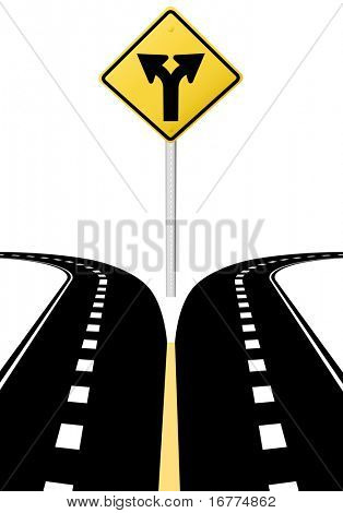 Right left arrows on highway road sign symbol of split paths decision