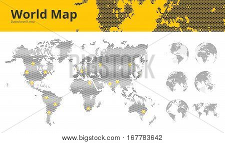 Business dotted world map with marked economic centers and earth globes showing all continents. Vector illustration for website design, infographics, business presentations, printed material.