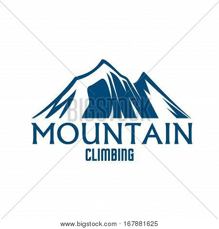 Mountain icon. Vector emblem for mountains climbing sport. Symbol of blue Alpine mount or rock hill snowy peaks. Isolated badge for mountaineering trip adventure, winter nature tourist camping, skiing or snowboarding outdoors sports resort