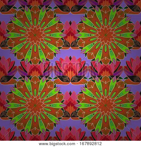 Seamless Floral Pattern. Green Brown Pink. Lotus. Blue. Mandala. Vector. Radial Gradient Shape.