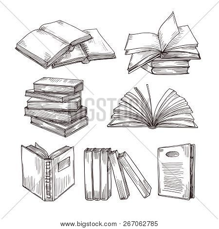 Sketch Books. Ink Drawing Vintage Open Book And Books Pile. School Education And Library Doodle Vect