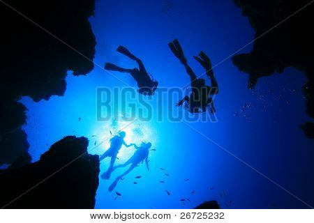 Scuba Divers about to descend into an underwater canyon