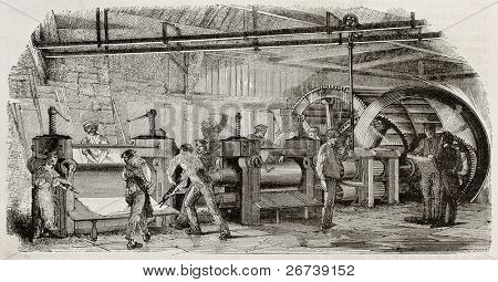 Old illustration of iron production in La Houilles foundry, France: rolling mills line moved by hydraulic wheel. By unidentified author, published on Magasin Pittoresque, Paris, 1850