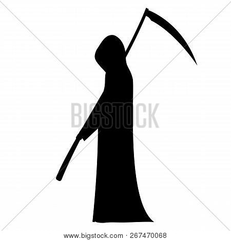 Vector Illustration Of A Black Silhouette Of A Man With A Hood And A Scythe. Isolated On White Backg