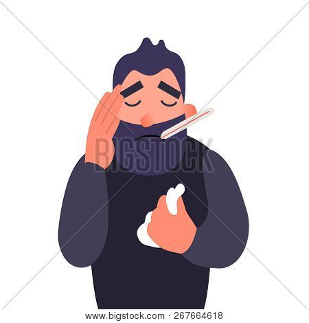 A Sick Man With A Thermometer In His Mouth Holding His Head. Cold And Headache. Ill Person With Flu 