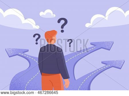 Path Choice Concept. Man Stands At Fork With Three Roads. Young Guy Determines Path Of Life And Make