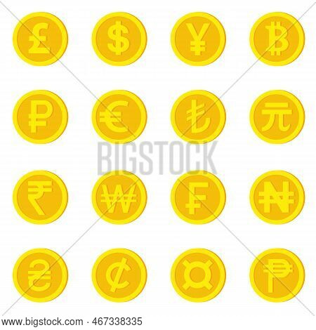 World Currency Icons. Money And Currency Symbol. Pound, Dollar, Yuan, Bitcoin, Ruble, Euro, Lira, Yu