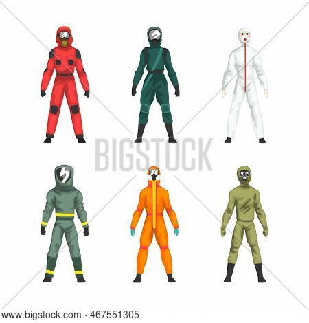 Man In Hazmat Suit As Personal Protective Equipment With Impermeable Garment Vector Set