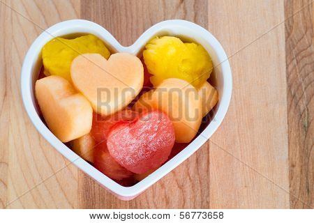 Valentines Day Child Friendly Healthy Treat With Heart-shaped Fruit Cantaloupe, Watermelon And Pinea