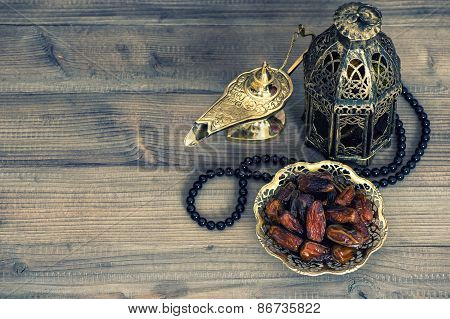 Dates, Arabian Lantern And Rosary. Islamic Holidays Concept