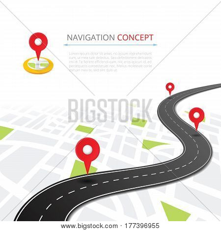 Navigation concept with pin pointer vector illustration. Cartography mapping, ui pinning, discovery, geotag, tourism geolocation. GPS navigation system banner. Location pin on perspective city map.