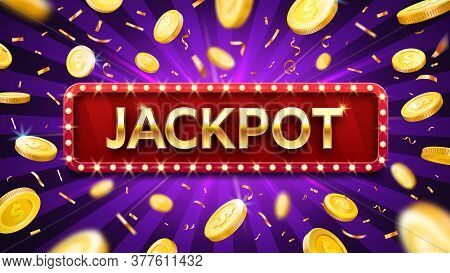 Jackpot Banner With Falling Gold Coins And Confetti. Casino Or Lottery Advertising Template. Winning