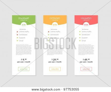 Pricing Table Template with Three Plan Type. Graphic Design on Gray Background. Three tariffs. interface for the site. ui ux vector banner for web app