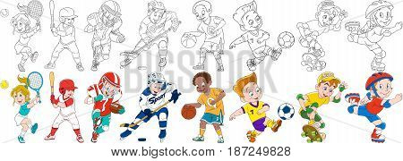 Cartoon sportive children set. Sport collection. Boys and girls playing tennis baseball american football (rugby) hockey basketball roller skating skateboarding. Coloring book pages for kids.