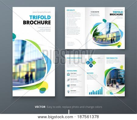 Business tri fold brochure design. Blue orange corporate business template for tri fold flyer. Layout with modern square photo and abstract background. Creative concept folded flyer or brochure.