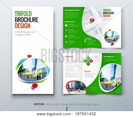 Business tri fold brochure design. Blue orange corporate business template for tri fold flyer. Layout with modern square photo and abstract background. Creative concept folded flyer or brochure.