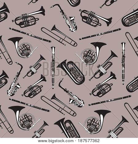 Vector seamless pattern with wind musical instruments. Saxophone clarinet trumpet trombone didgeridoo french horn and tuba. Black and white woodwind and brass musical instruments.