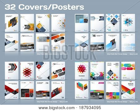 Abstract vector business template set. Brochure layout, cover modern design annual report, poster, A4 flyer with colourful squares, triangles, diagonal geometric shapes lines with texture background.