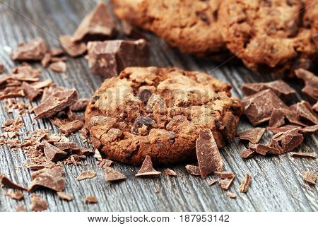 Chocolate Cookies On Wooden Table. Chocolate Chip Cookies Shot