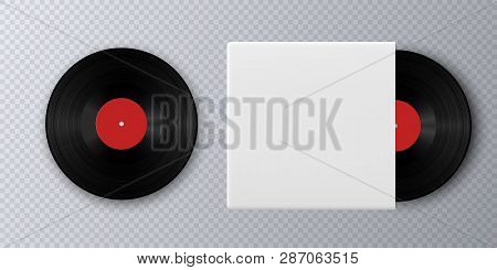 Realistic Vinyl Record With Cover Mockup. Gramophone Vinyl Record With Label. Black Vinyl Record Dis