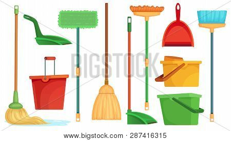 Housework Broom And Mop. Sweeper Brooms, Home Cleaning Mops And Cleanup Broom With Dustpan Isolated 