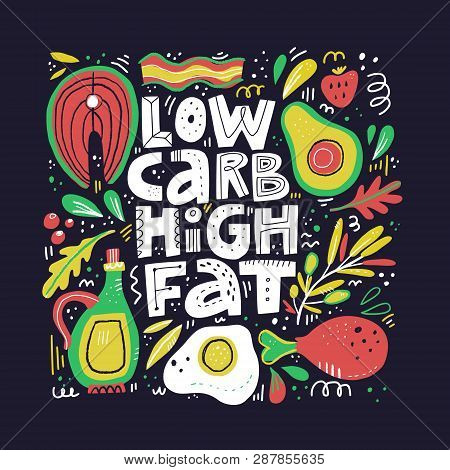 Keto Diet Flat Hand Drawn Vector Illustration. Low Carb High Fat Collage Lettering. Ketogenic Eating