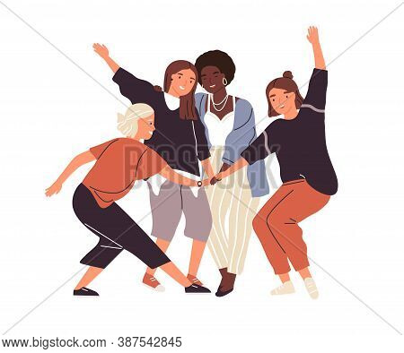 Happy Diverse Female Friends Putting Hands Together Vector Flat Illustration. Group Of Smiling Woman