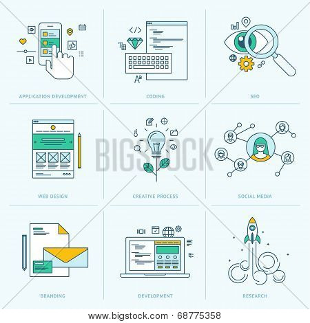 Set of flat line icons for web development