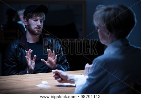 Junkie Man Interrogated By Policewoman