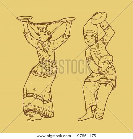 Line art illustration of traditional West Sumatra Indonesian dance tari piring or plate dancing