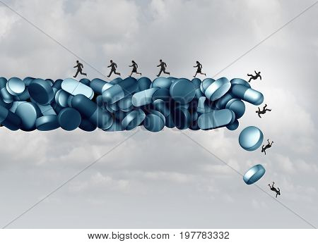 Opioid health risk and medical crisis with a prescription painkiller addiction epidemic concept as a group of people running away from a dangerous falling bridge of pills as a medicine addict problem with 3D illustration elements.