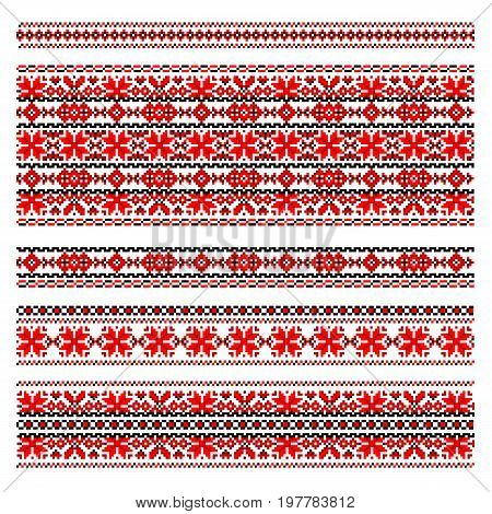 Traditional Ukraine folk art embroidery pattern. Red and black patterns isolated on white. Handmade cross-stitch ethnic Ukraine pattern. Set of red and black ethnic patterns for embroidery stitch.