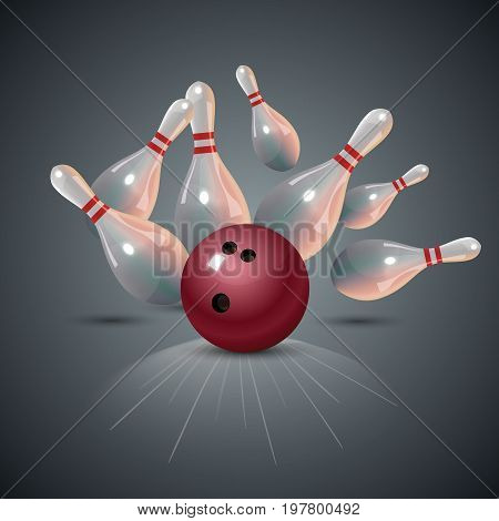 Realistic bowling strike concept on dark gray background. Bowling concept. Bowling strike with ball. Vector illustration.