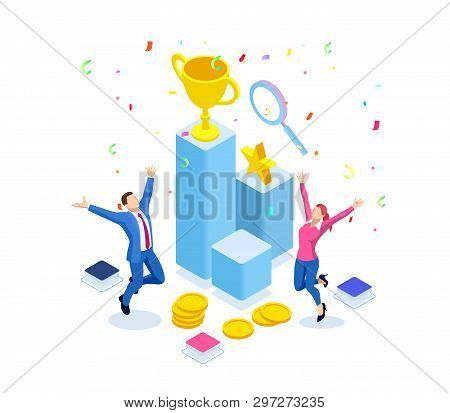 Isometric Business Team Success, Leadership, Awards, Career, Successful Projects, Goal, Winning Plan