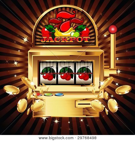 A slot fruit machine with cherry winning on cherries. Gold coins fly out at the viewer.