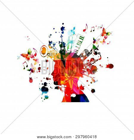 Music Instruments Background With Music Notes. Colorful Double Bell Euphonium, Violoncello, Trumpet,