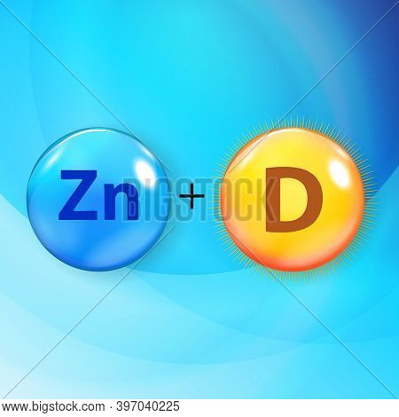 Mineral Zn Zink Blue Shiny Pill Capsule Icon Vitamin D. Vector Illustration