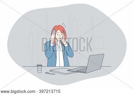 Stress, Overwork, Overload Concept. Unhappy Depressed Stressed Young Woman Office Worker Sitting Wit