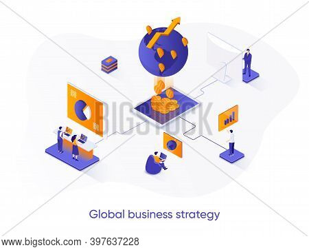 Global Business Strategy Isometric Web Banner. International Corporation Management Isometry Concept