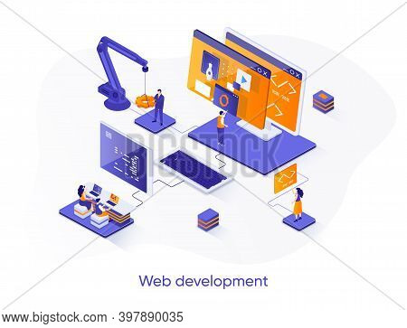 Web Development Isometric Web Banner. Full Stack Development Company Isometry Concept. Software Engi