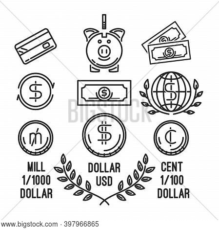 Line Icons Set On The Theme Of Money, Currency, Finance. Monetary Unit Dollar And Derivatives From I