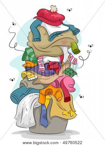 Illustration of a Pile of Dirty and Stinky Laundry with Flies Flying Around