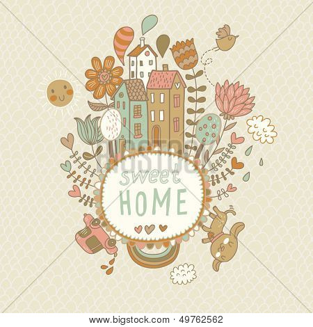 Sweet home. Concept vector background with houses, bird, sun, car, dog, rainbow, clouds and flowers in cartoon style