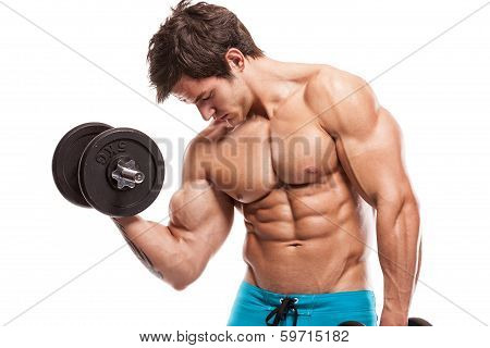 Muscular Bodybuilder Guy Doing Exercises With Dumbbells Over White Background