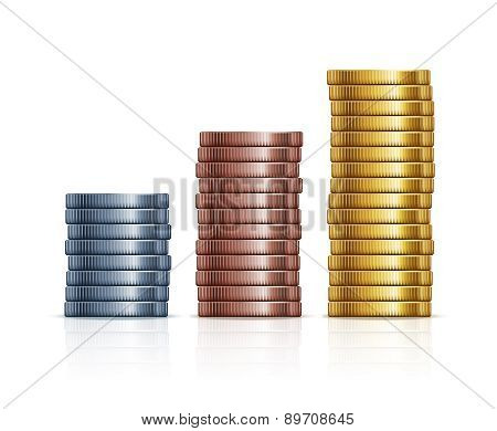 Vector stacks of coins. Gold, silver and copper coins