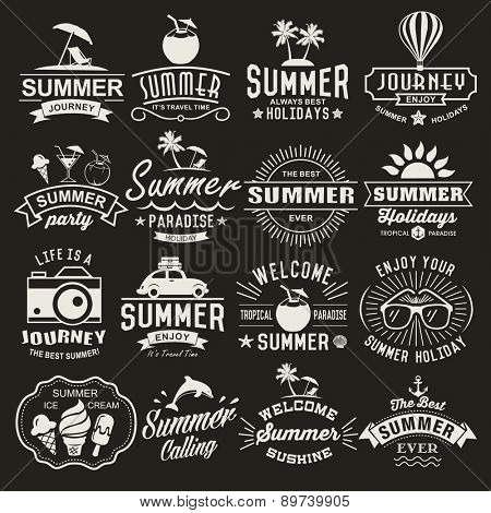 Summer logotypes set. Summer typography designs. Vintage design elements, logos, labels, icons, objects and calligraphic designs. Summer holidays.